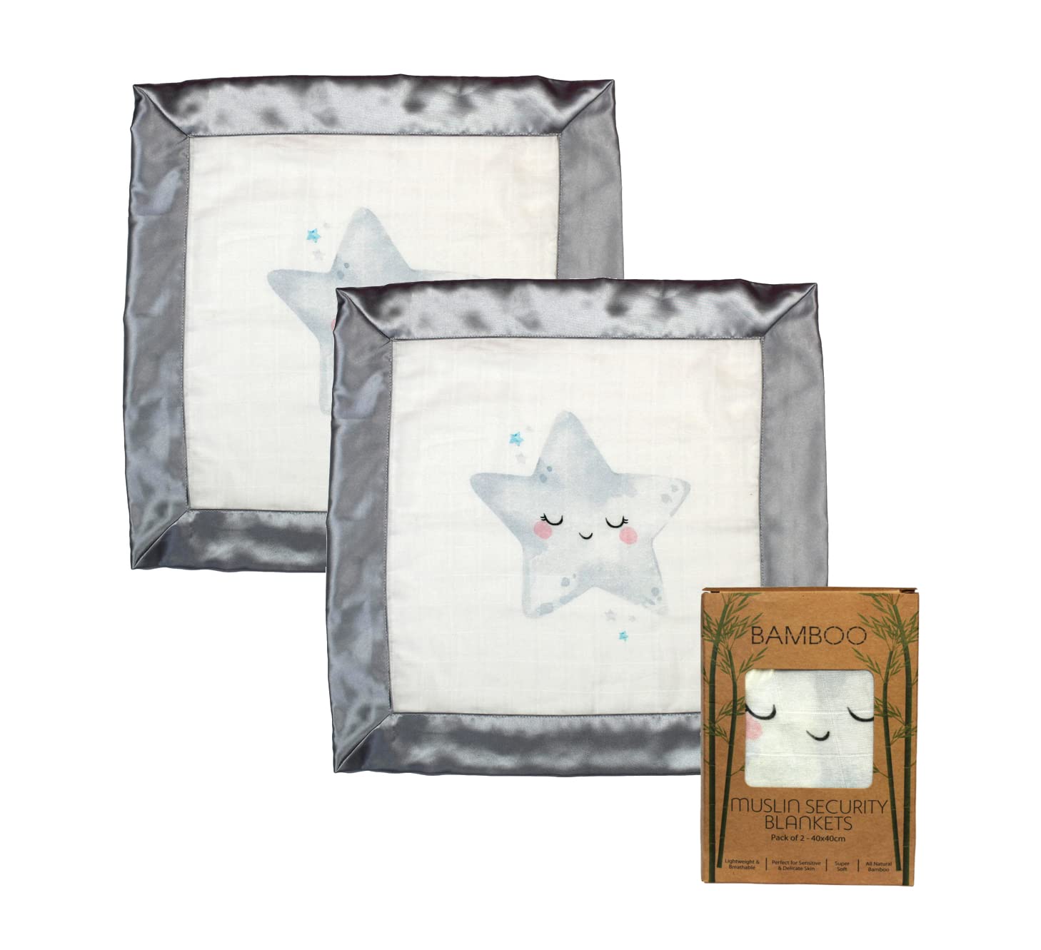 Immaculate Textiles Bamboo Baby Sensory Muslin Square/Comforter/Security Blanket - Pack of 2-40x40cm - 70% Bamboo / 30% Cotton with Satin Edge : Baby Boys or Girls (Sleeping Star) — image 1