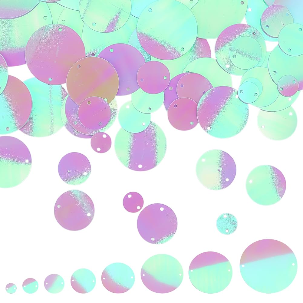 PH PandaHall 390Pcs Loose Sequins Flat Round Sequin, 8 Sizes Iridescent Spangles Rainbow Bulk Sequins with Double Holes for Wedding Decor DIY Crafts Sewing Art Project Earrings Ornament