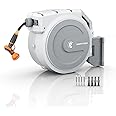 Giraffe Tools Retractable Garden Hose Reel, 5/8 in x 90 ft Heavy Duty Hose Reel With 9 Pattern Nozzle, Any Length Lock, Wall Mount Water Hose Reel, 180°Swivel, Light Grey