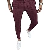 Men's Fashion Stretch Dress Pants Slim Fit Plaid Skinny Long Pants Casual Business Golf Dress Pants