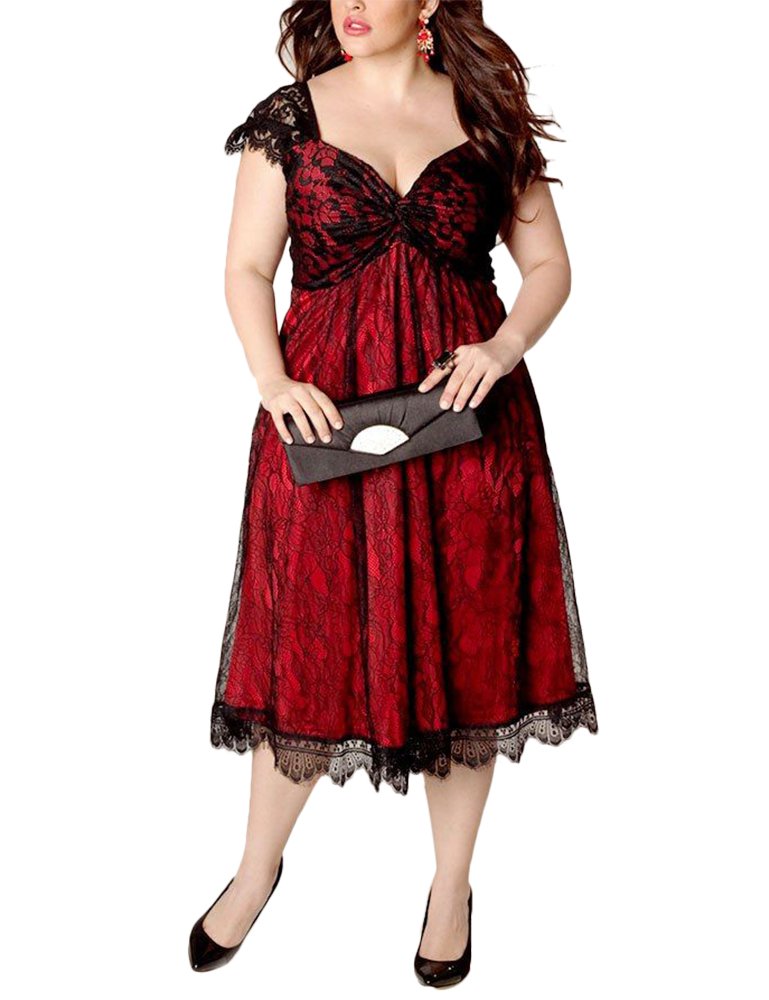 WANTU Womens Gothic V-neck Empire Waist Lace Party Midi Dress (US 22-24, red)