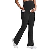 Mama Land Plus Size High Waisted Maternity Flared Leggings Over The Belly Yoga Pants with Pockets Scrub Clothes Casual Active Wear Tall Maternity Pants Pregnancy Must Haves (32" Black XXL)