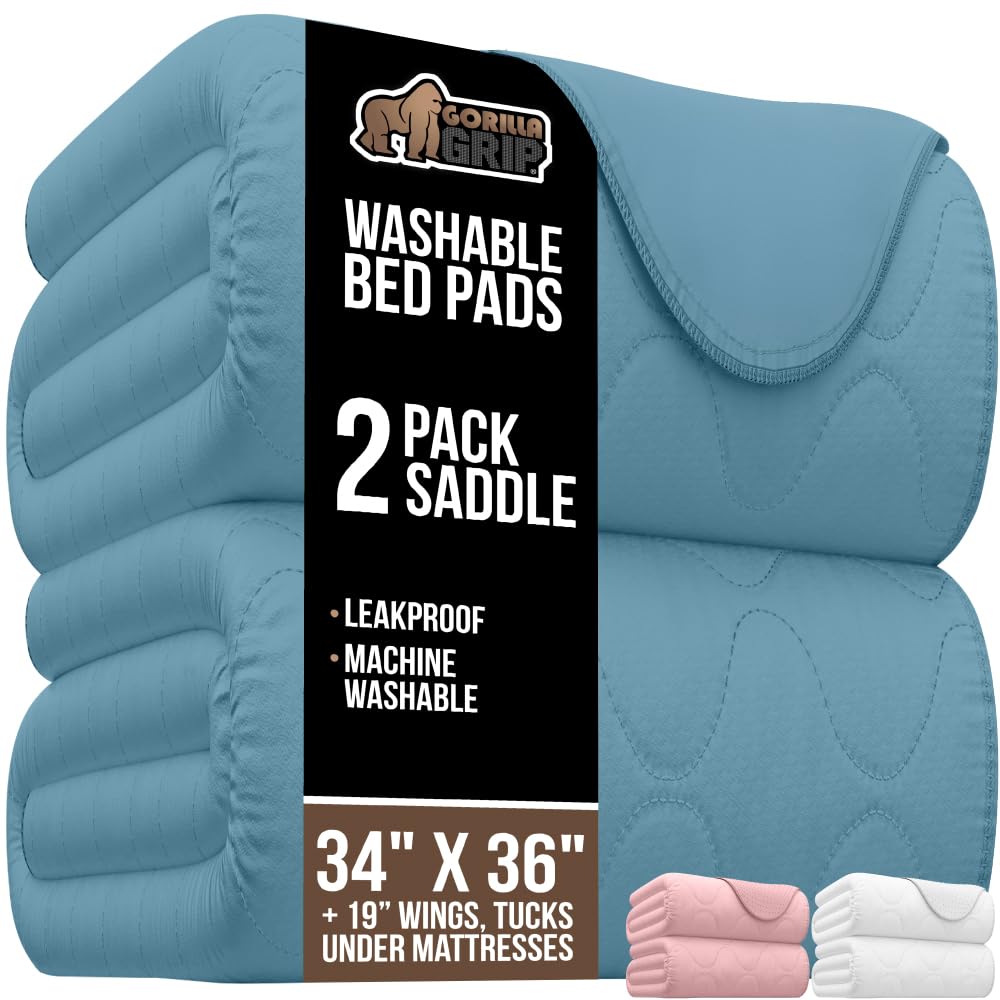 Photo 1 of GORILLA GRIP Washable Toddler Mattress Incontinence Pads, Waterproof Bed Underpads, Absorbent Leak Proof, 34x36+19in Wings, 2 Pack Slip Resistant Pad Absorbs 8 Cups for Bedwetting Adults Kids, Blue