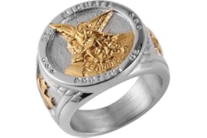HZMAN St. Michael San Miguel The Great Protector Archangel Defeating Satan Figurine Stainless Steel Amulet Ring