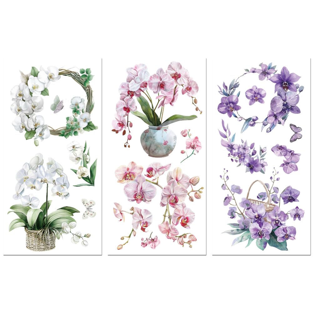 Peacoblue Purple Rub on Transfers for Crafts 3Pcs Orchid 15cmx30cm, UV DTF Waterproof Washing Machine Japanese Furniture Transfer for Chest of Drawer Dresser Glass Porcelain Wood Plastic