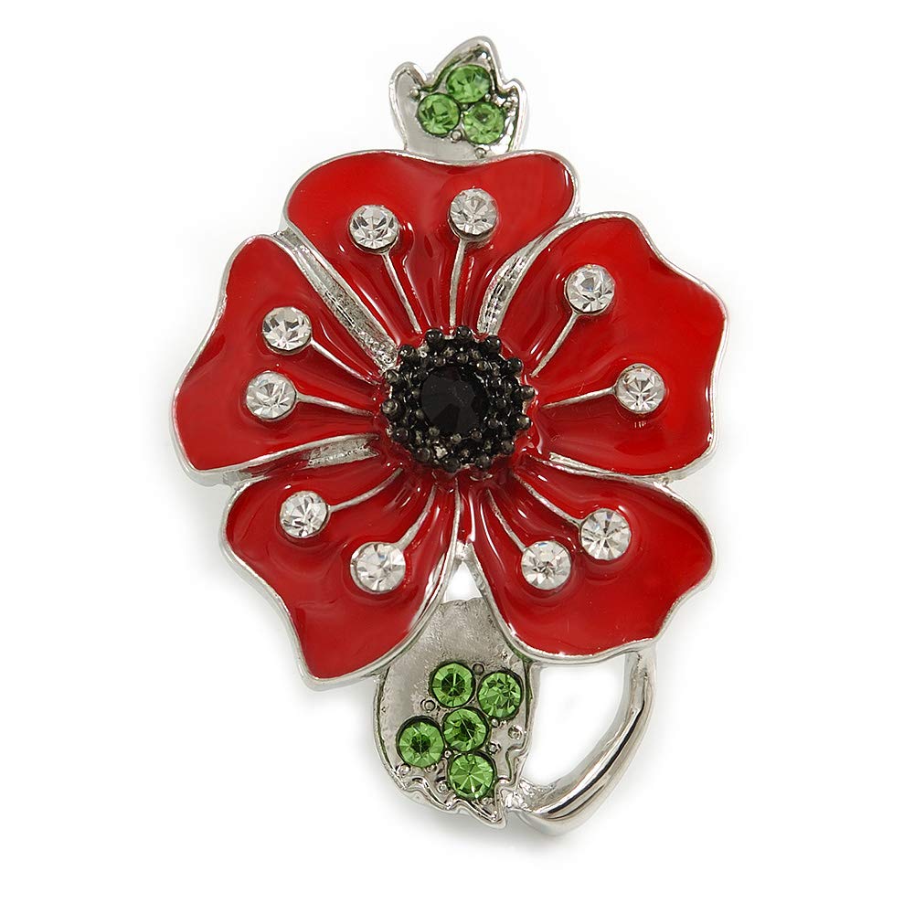 Bright Red Enamel Clear/Green Crystal Poppy Brooch In Silver Tone Metal - 50mm Long