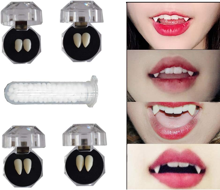 Lot De 4 Paires De Dents De Vampire - 4 Tailles Différentes, Avec Tube, Pour Costume Halloween