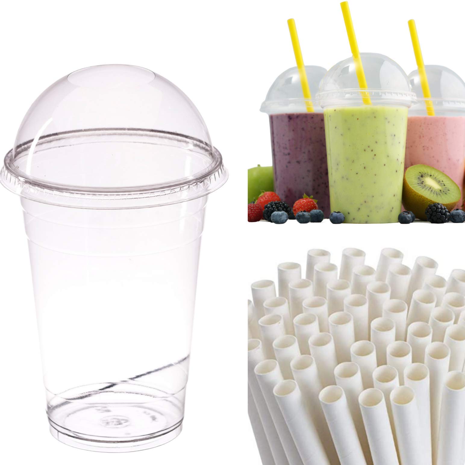 AIOS Avenue's Reusable PET Smoothie Cups with Dome Lids and Paper Straws. 400ml/14oz. Pack of 50