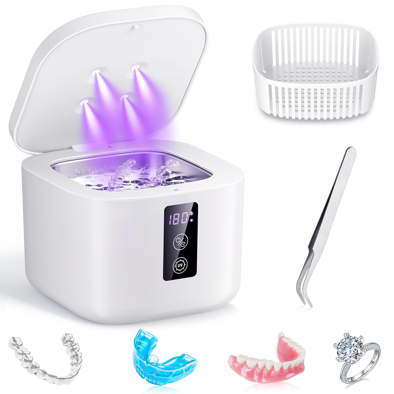 Photo 1 of Ultrasonic Retainer Cleaner,375 ML Ultrasonic Cleaner,48kHz Retainer Cleaner Machine with 3 Modes Digital Timer for Denture Cleaner, Aligner,Braces,Toothbrush Heads,Jewelry White
