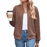 WROLEM Womens Casual Zip up Jackets Comfy Long Sleeve Textured Bomber Jacket Coat Loose Fit Fashion Outfits
