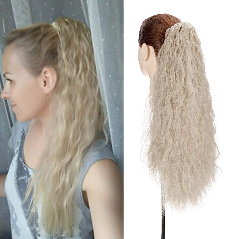 24" Corn Wave Ponytail Extension Claw Clip on Ponytails Wavy Curly Hair Extensions Jaw Pony Tail Hairpiece Ash Blond mix Bleach Blond
