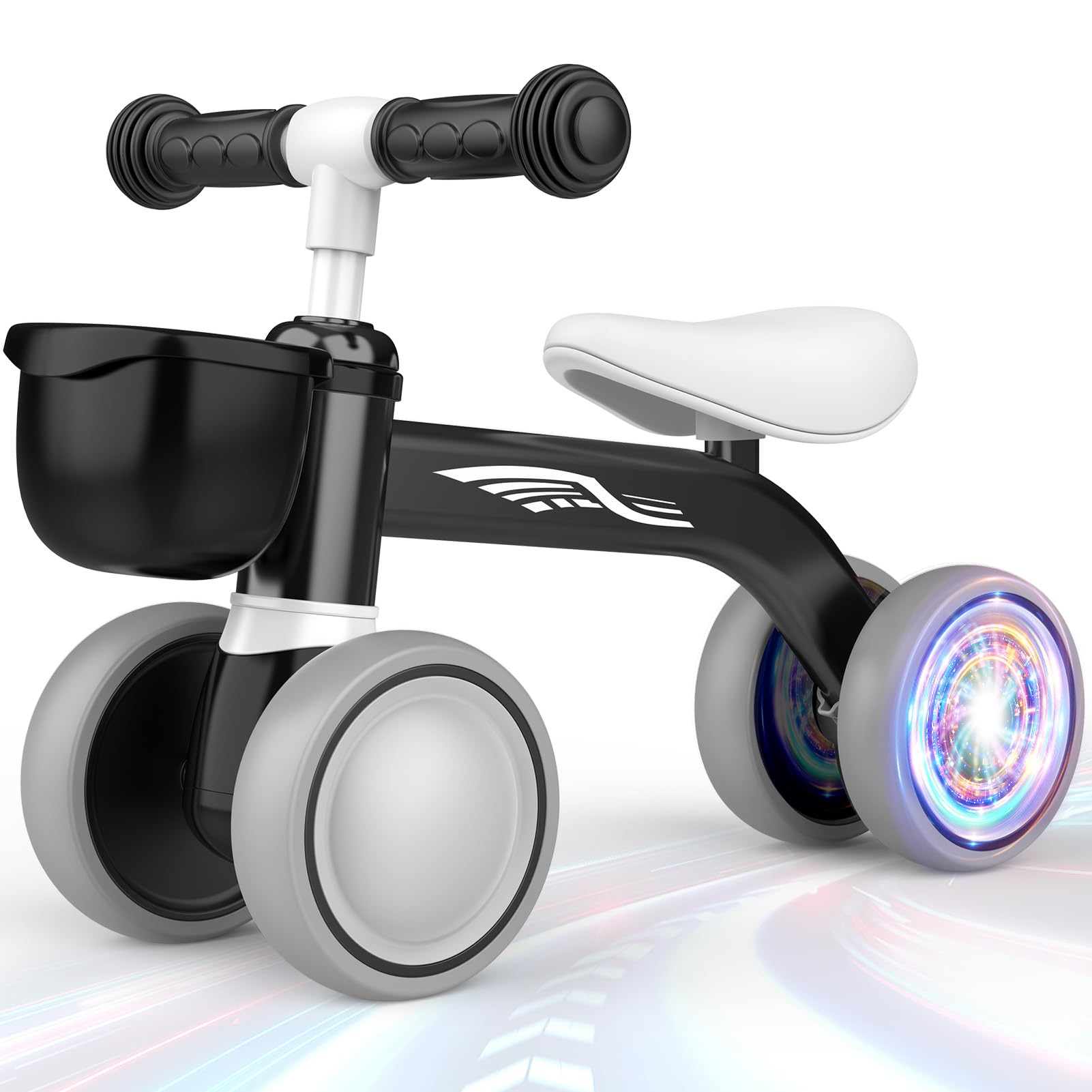 HappyGoLucky Baby Balance Bike 1 2 3 Years Old, Baby Walker Outdoor Toys for 1-3 year old Boys With LED Colorful Lighting Wheels & Removable Basket, 1st Birthday Gifts for Boy Garden Bike