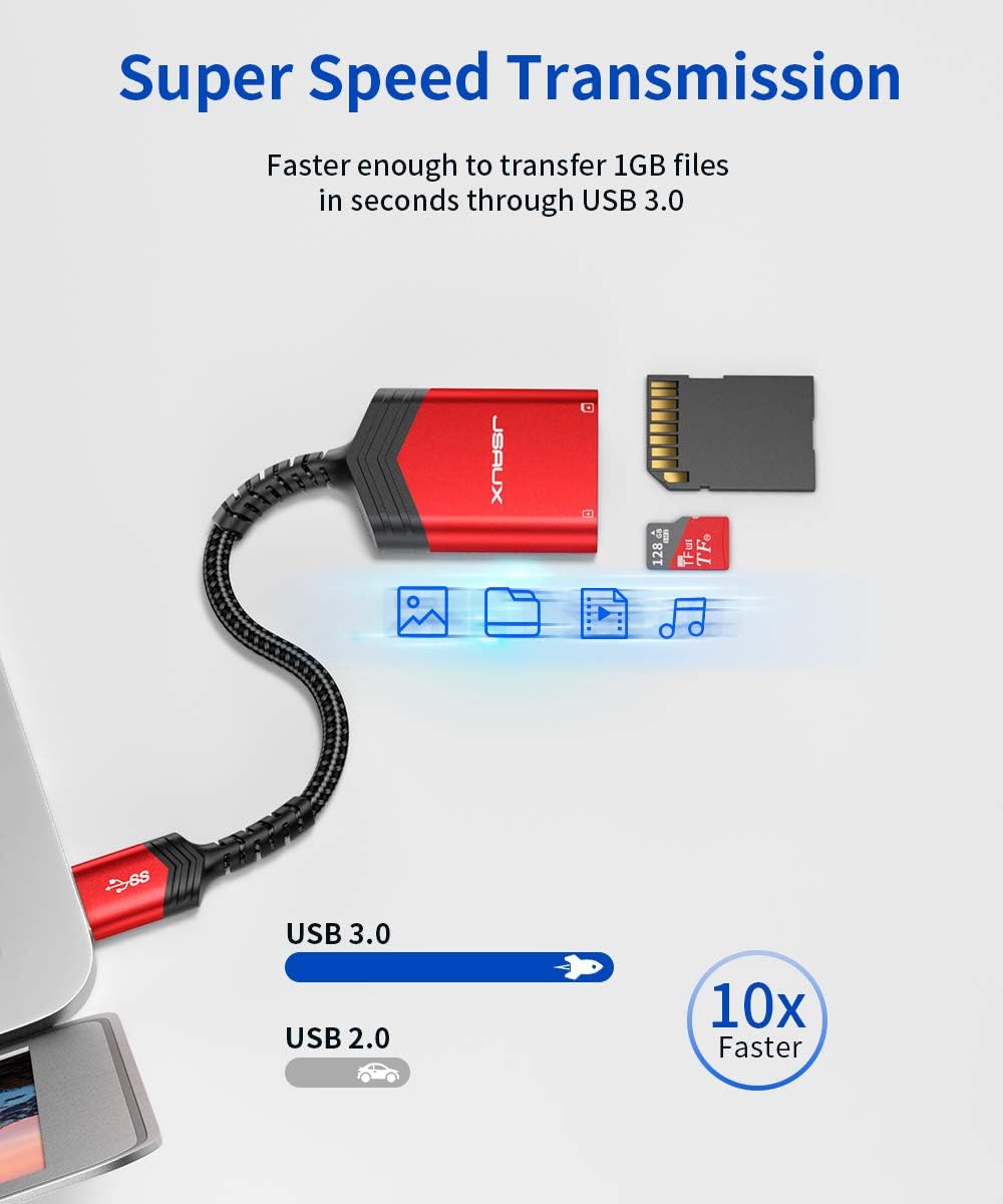 SD Card Reader USB 3.0 [2-in-1], JSAUX Dual Flash Memory Card Adapter for TF, SD, Micro SD, SDXC, SDHC, MMC, RS-MMC, Micro SDXC, Micro SDHC, UHS-I, Plug and Play, Read 2 Cards Simultaneously -Red: Computers & Accessories