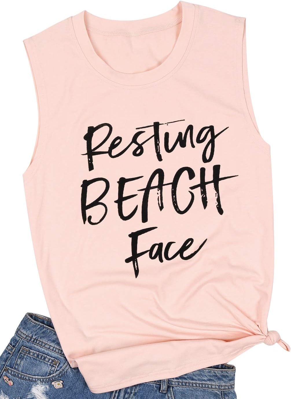Resting Beach Face Women Tank Tops Summer Vacation Letter Print Loose Casual Vest Shirts Top