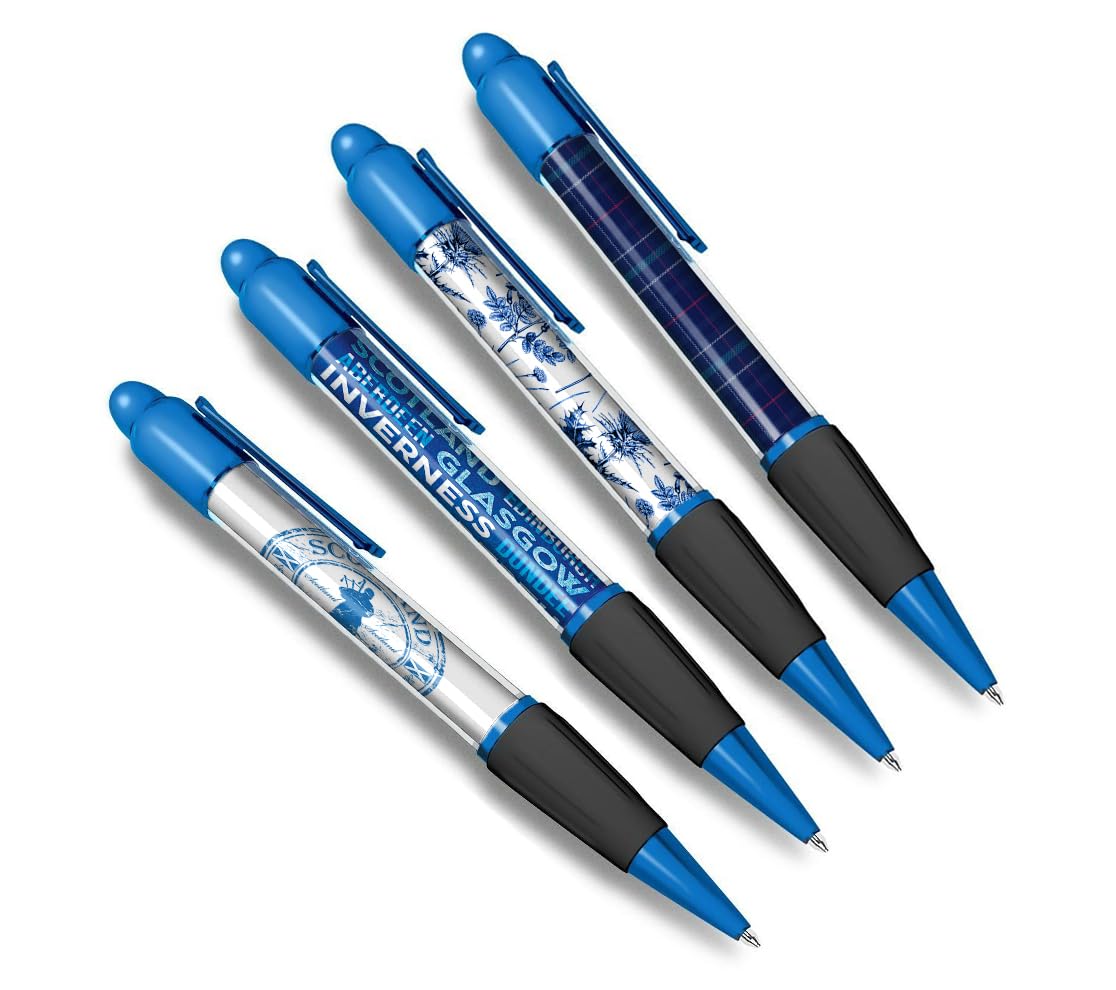 DV DESIGN Set of 4 Scotland Blue Ballpoint Pens - Scottish Tartan Flag Travel Holiday Theme Stationary Boys Girls Men Women Pen Black Ink #81361