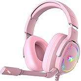 Jimonyer Gaming Headset for PC/PS4/PS5/Xbox One/Switch, Stereo Surround Sound Gaming Headphones with Noise Canceling Flexible Mic, Computer Headset with 3.5mm Jack & RGB Light (Pink)