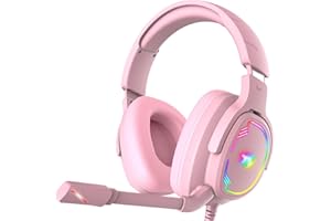 Jimonyer Gaming Headset for PC/PS4/PS5/Xbox One/Switch, Stereo Surround Sound Gaming Headphones with Noise Canceling Flexible Mic, Computer Headset with 3.5mm Jack & RGB Light (Pink)