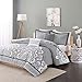 Intelligent Design Cozy Comforter Casual Damask Design Modern All Season Bedding Set with Matching Sham, Decorative Pillow, Full/Queen, Isabella Grey, 5Piece