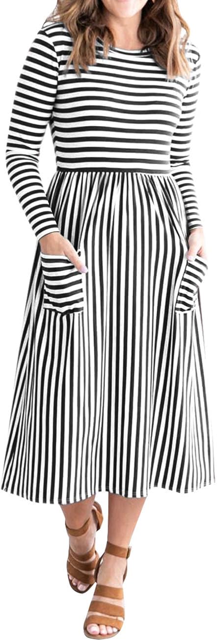 MEROKEETY Women's 3/4 Balloon Sleeve Striped High Waist T Shirt Midi Dress with Pockets
