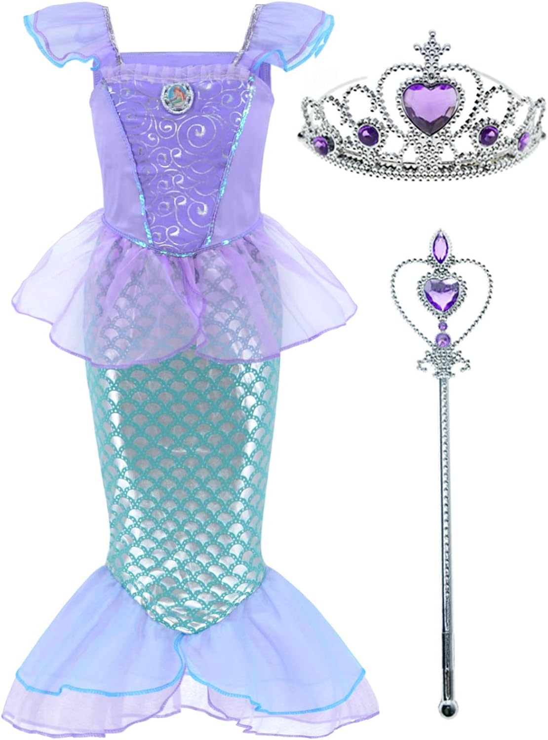Little Girls Mermaid Princess Costume Dress for Girls Dress Up Party with Crown Mace 4-12 Years: Clothing