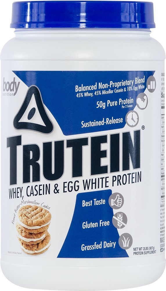 Body Nutrition Trutein High Protein Powder: 45% Whey, 45% Casein, 10% Egg White, Gluten-Free, Low Sodium, Grass Fed Whey Protein Powder, Gym Supplement & Breakfast Shake, Peanut Butter Marshmallow 2lb