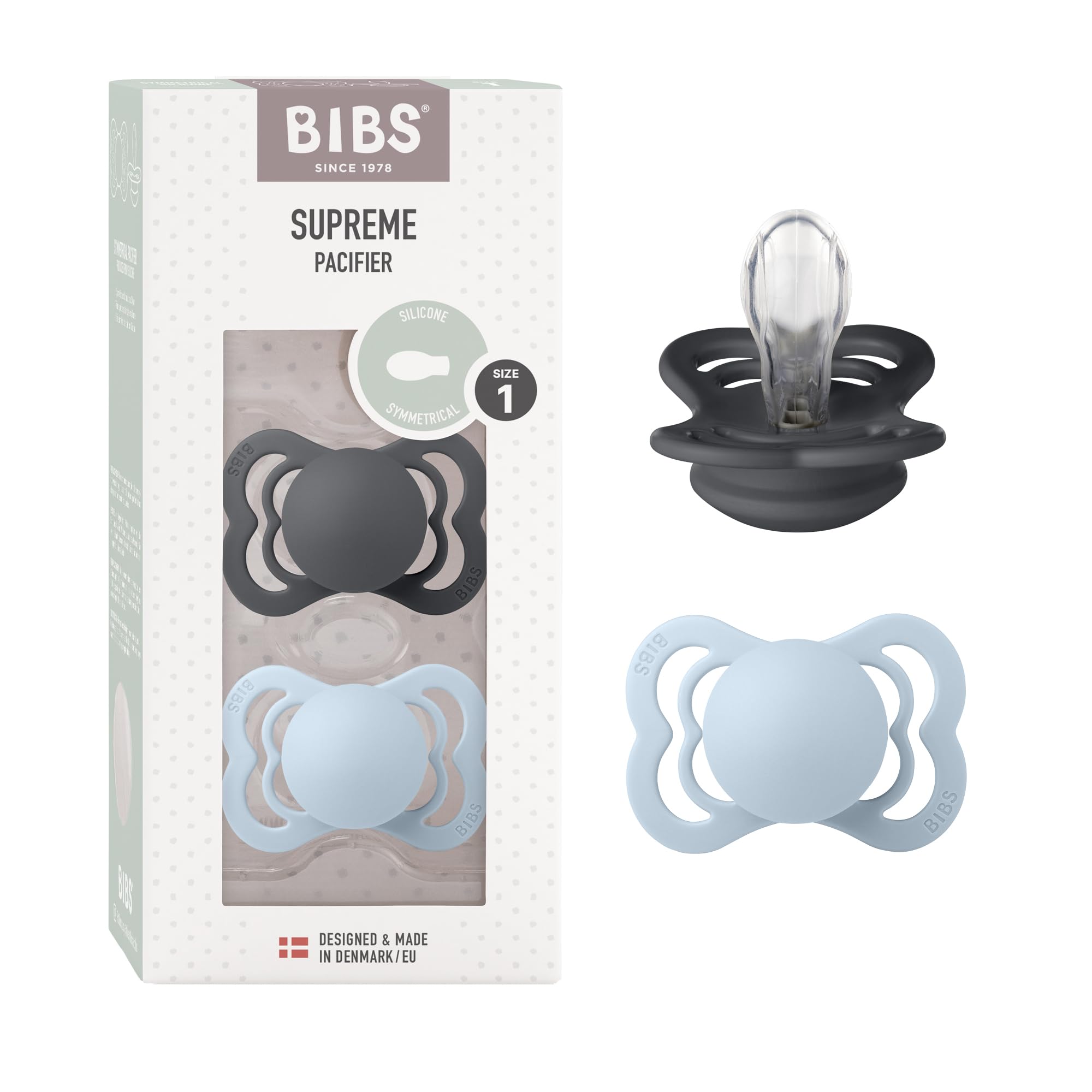 BIBS Supreme Dummies 2-Pack, BPA Free Dummy Pacifier, Silicone Symmetrical Nipple Soother, Size 1 (0-6 Months), Iron/Baby Blue