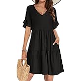 AUNEAL Summer Dresses for Women 2026 Loose V Neck Ruffle Sleeve Tiered Flowy Casual A Line Mini Beach Dress with Pockets