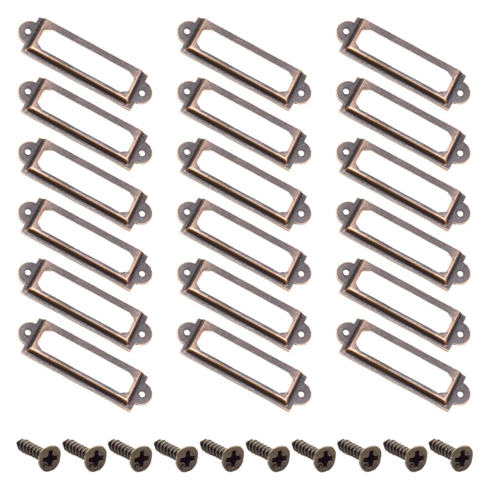 Yosawo 50Pcs Label Holder Metal Card Tag Holder Furniture Drawer Cabinet Tag Frame with Screws for Cabinets, Boxes, Shelf, Drawer, Wine Cellar and House Decoration(60 * 17mm/Red Bronze)