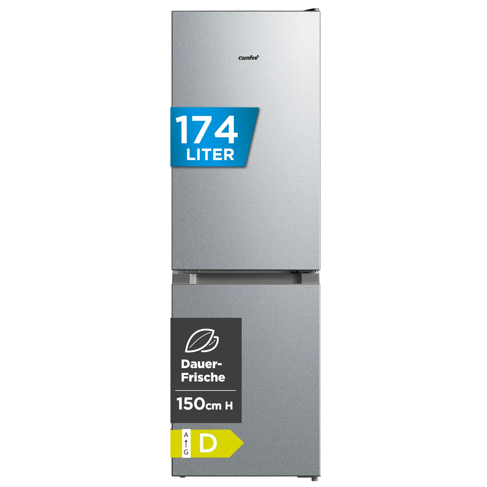 Comfee‘ Kühlschrank mit Gefrierfach 174L, EEK D, Höhe 150cm, Kühl-Gefrierkombination-115L Kühlteil, 59L 4 Sterne Gefrieren -24℃, 156 kWh/Jahr, Low Frost für kleine Wohnungen, Büros, RCB169DS3 Silber