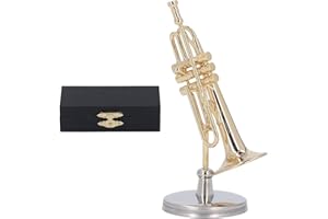 CYRANK Miniature Trumpet Model,Brass Miniature Instrument with Stand and Case,Mini Musical Instrument Mini Trumpet Miniature for Desk Bookshelf(6.5cm)