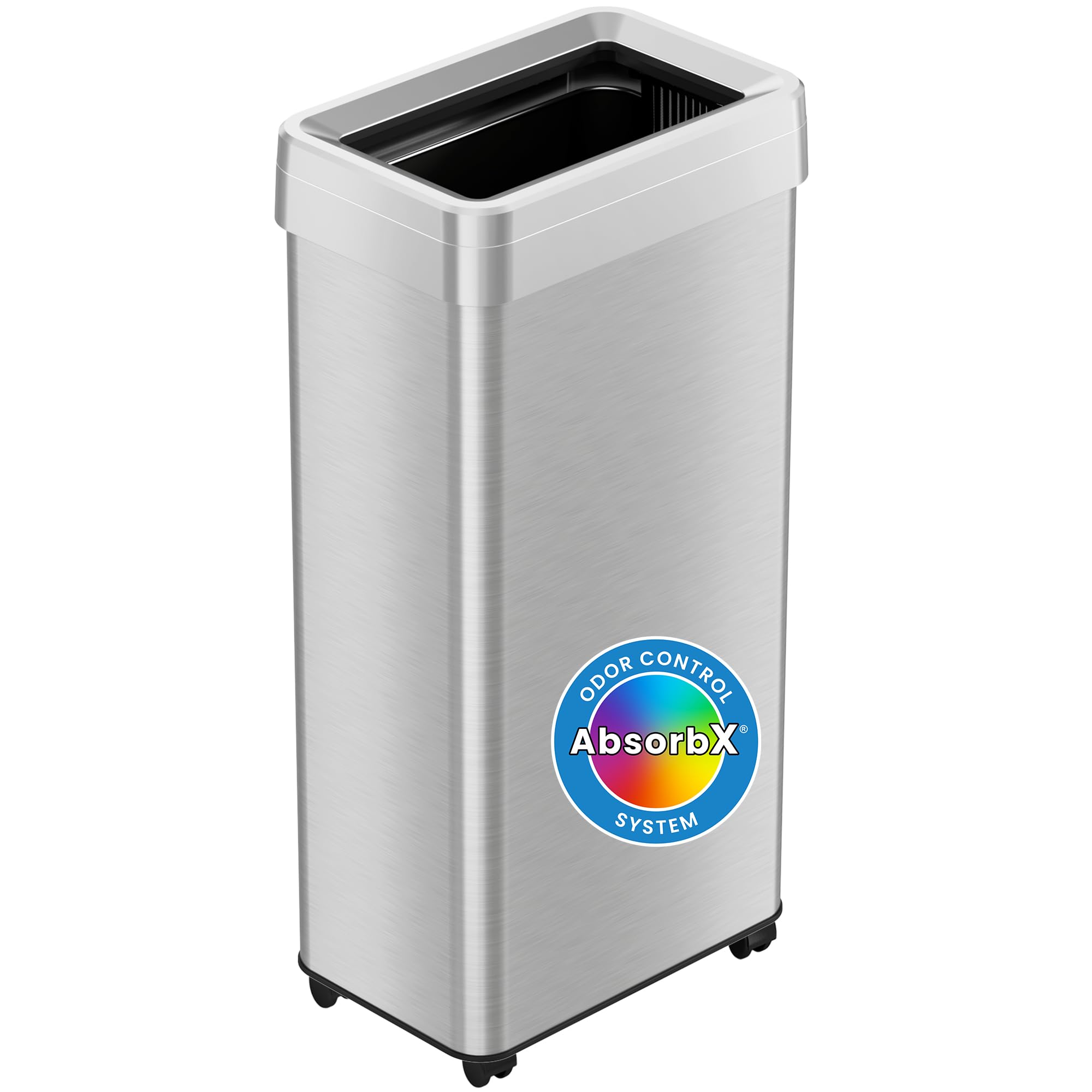 Photo 1 of *Dents* *Missing lid/Wheel missing* iTouchless 21 Gallon Open Top Kitchen Trash Can Recycling Bin with Wheels and Double Odor Filters Rectangular Commercial Stainless Steel 80 Liter Trashcan Home Office Work Bedroom Livingroom Garage