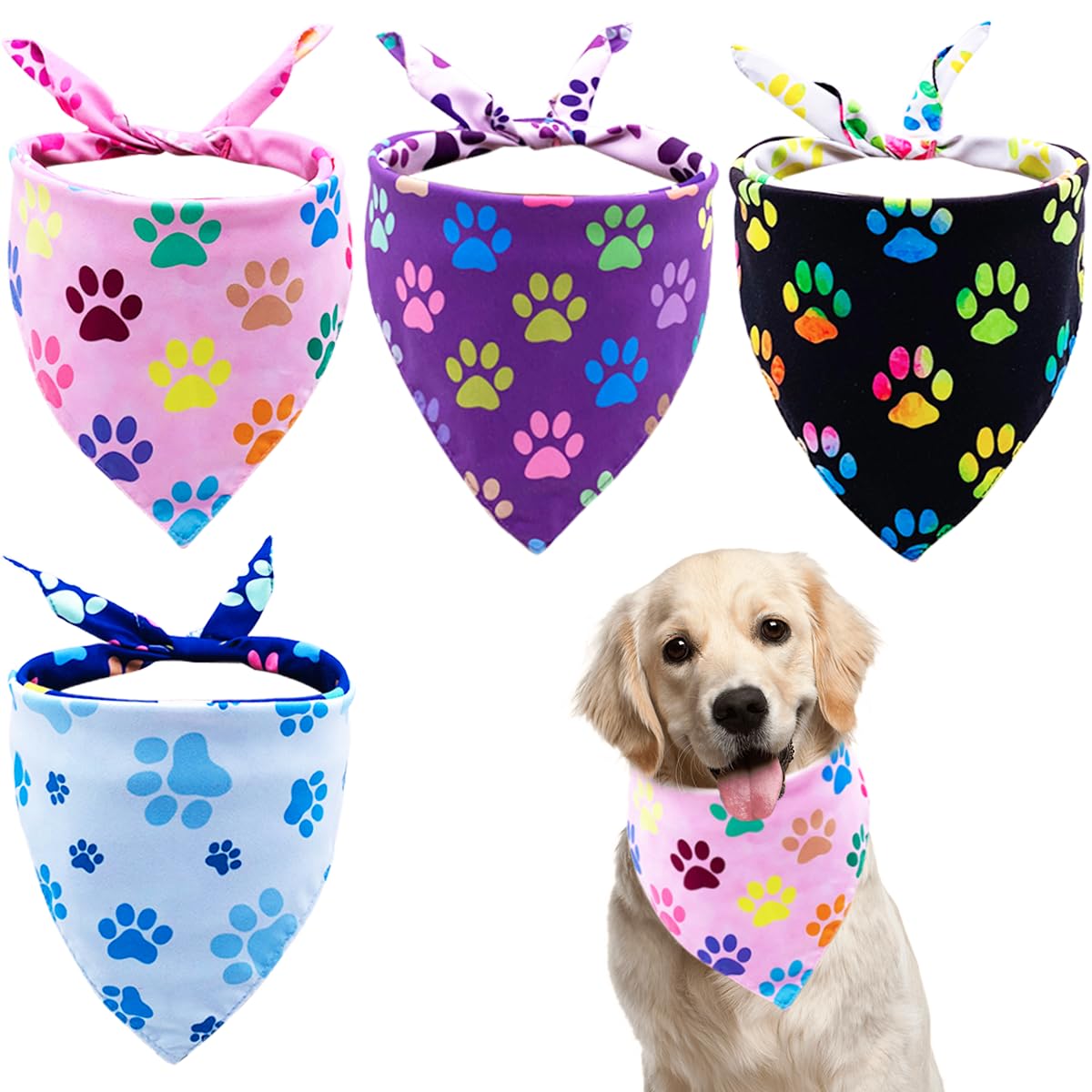 BIPY 4PCS Paw Pattern Dog Bandanas Two-sided Pet Triangle Scarf Puppy Daily Soft Bibs for Large XL Dogs Washable Adjustable Pet Neckerchief Festival Party Costume