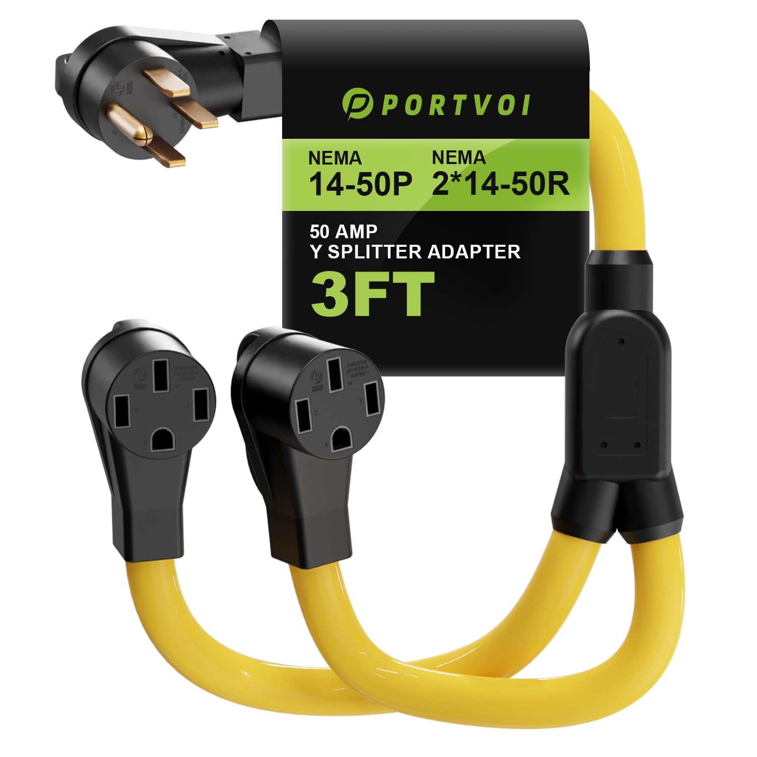 Photo 1 of Portvoi 50 Amp RV/EV Splitter Adapter Cord, 4 Prong 250V NEMA 14-50P to 2X 14-50R, ETL Listed Heavy Duty 6/3+8/1 AWG 250V Splitter 3 Feet Power Extension Cord for EV RV Trailer Camper Charging