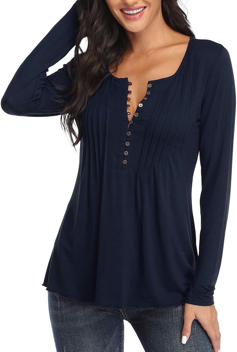 Buy PEIQI Womens Peasant Blouse Tops Pleated Henley Long Sleeve Button Down Shirts Blue Large at