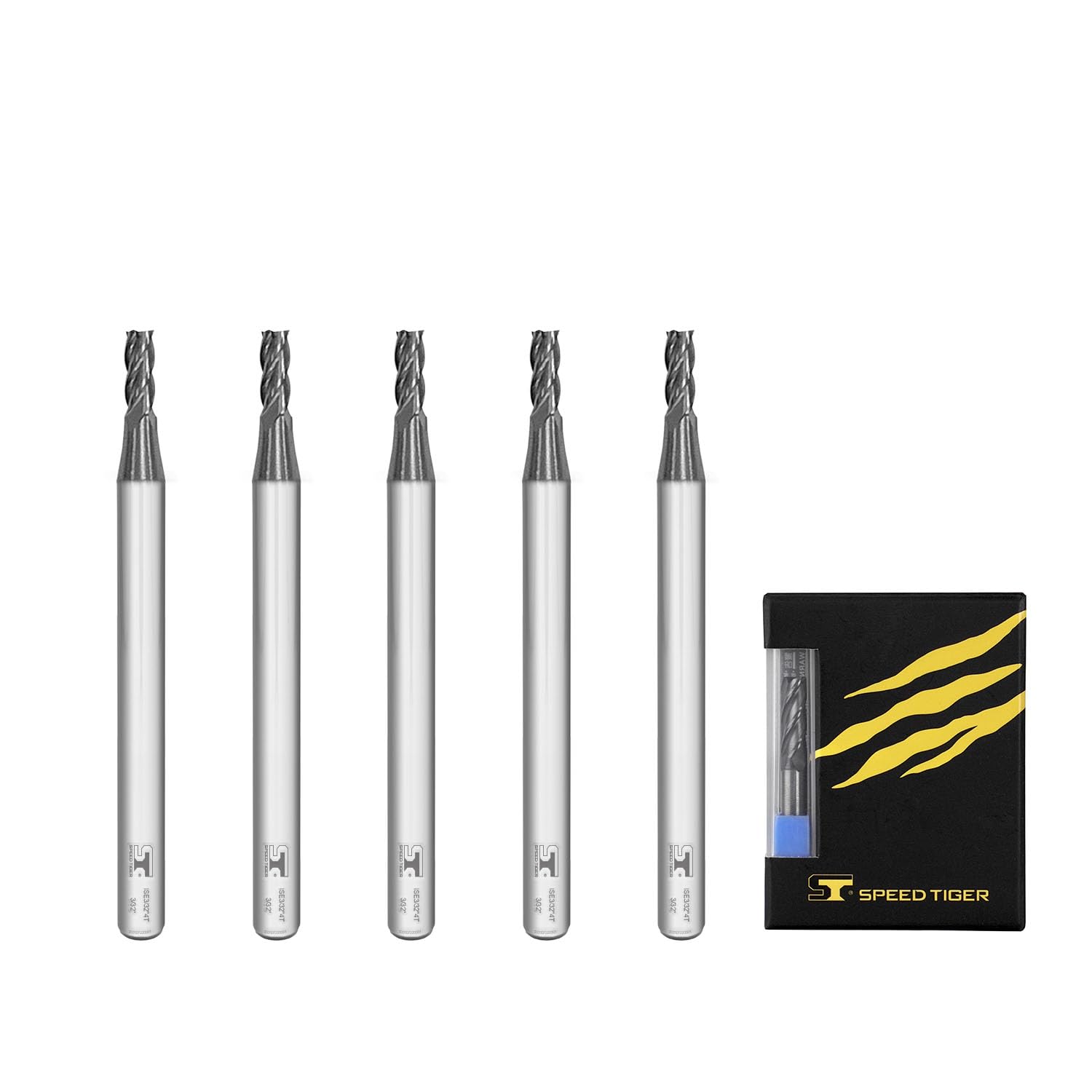 SPEED TIGER ISE Carbide Square End Mill - Micro Grain Carbide End Mill for Alloy Steels/Hardened Steels - 4 Flute - ISE3/32"4T - Made in Taiwan (5 Pieces, 3/32")