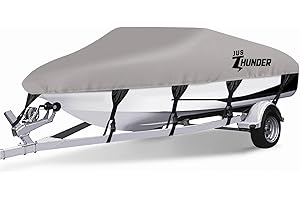 JUSTHUNDER Boat Cover 17-19 ft Trailerable Waterproof Boat Covers Marine Grade Polyester Canvas Cover Fits Bass Boat, V-Hull and Tri-Hull, Fish & Ski, Runabout Bowrider 17' 18' 19' Foot Boat Gray