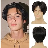 RicHyun Short Black Wig for Men Middle Part Natural Looking Synthetic Heat Resisitant Hair Wig for Daily Party Halloween