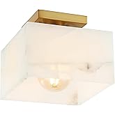 JONATHAN Y 8" White Marbling/Brass Gold Modern 1-Light Semi Flush Mount Ceiling Light for Bedroom, Cube White Alabaster Marbl