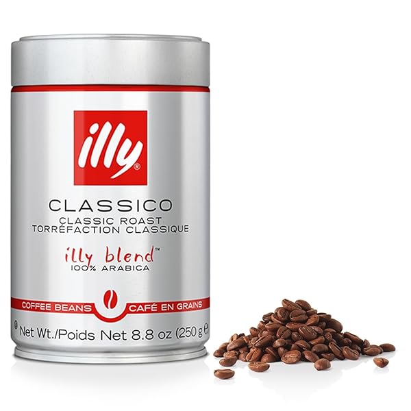 ILLY CLASSICO WHOLE BEAN COFFEE, MEDIUM ROAST, CLASSIC ROAST WITH NOTES OF CARAMEL, ORANGE BLOSSOM AND JASMINE, 100% ARABICA COFFEE, NO PRESERVATIVES, 8.8 OUNCE CAN (PACK OF 1)