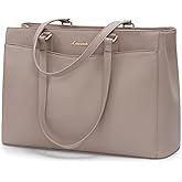 LOVEVOOK Laptop Tote Bag for Women, Work Bags Teacher Tote Bag, Waterproof Leather Computer Bag, Business Laptop Purse Office Handbag Professional Briefcase, Taupe, 15.6 Inch