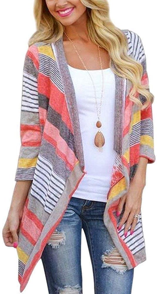 Cardigans for Women with Boho Irregular Front Geometric Print 3/4 Long Sleeve Sweater