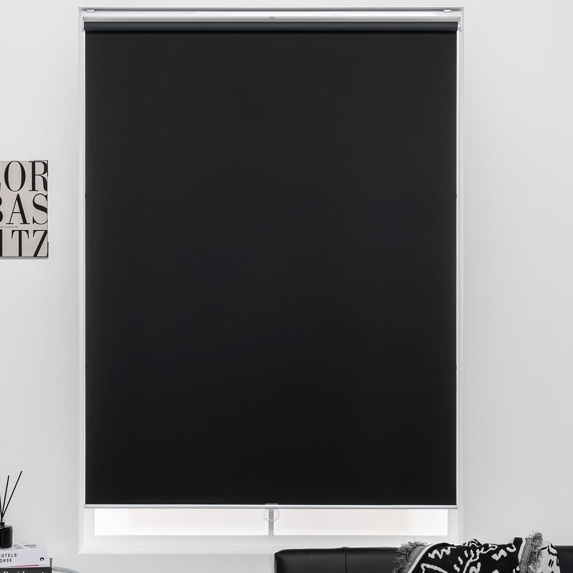 KALYSIE Cordless Roller Shades 100% Blackout Blinds for Windows and Doors, Pull Down Room Darkening Window Shades, Easy to Install for Home and Office, Black, Fixed 75 Inches High, 46 Inches Width
