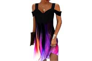 FULLVEB Summer Casual Cold Shoulder Dresses for Women 2024 Trendy Boho Ethnic Floral Tribal Marble Print V Neck Mini Dress