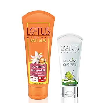 Lotus Herbals Safe Sun Uv Screen Mattegel Pa+++ Spf-50, 100g with Whiteglow Active Skin Whitening and Oil Control Facewash, 50g