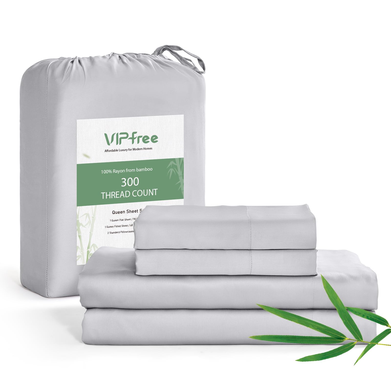 Vipfree Queen Sheet Set, 100% Rayon Derived from Bamboo, 4-Piece, 16 Inch Deep Pockets, Cooling Sheets for Queen Size Bed Set, Breathable & Silky Soft, Hotel Bedding Sheets & Pillowcases, Gray