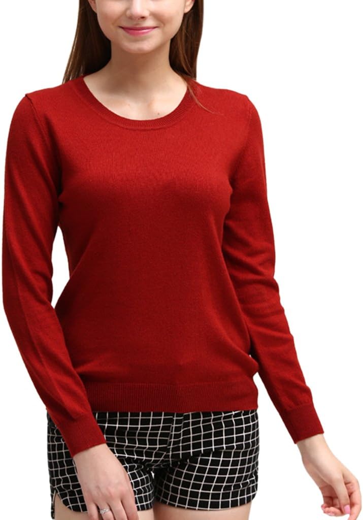 Nergivep Women O-Neck Cashmere Sweater Long Sleeves Pure Color Pullover Blouse Jumper