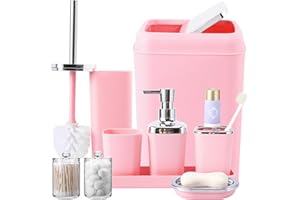 XLHOMO Pink Bathroom Accessory Set, Plastic Bathroom Set with Tray, Soap Dispenser, Toothbrush Holder, Toothbrush Cup, Soap Dish, Toilet Brush, Trash Can and Q-tip Holders for Bathroom/Housewarming