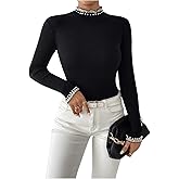 Verdusa Women's Mock Neck Pearl Sweaters Ruffle Trim Long Sleeve Slim Fit Pullovers Old Money Clothes