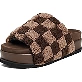 R0AM Women's Fuzzy Checker Stack Slippers