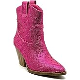 Forever Women's Rhinestone Block Heel Ankle Boots River-01 Fuchsia 8